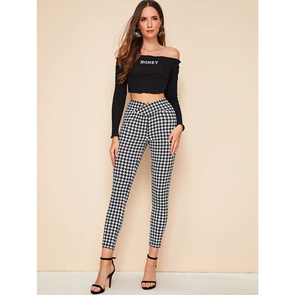 Houndstooth print High Rise Skinny Pants black white - Picture 3 of 5